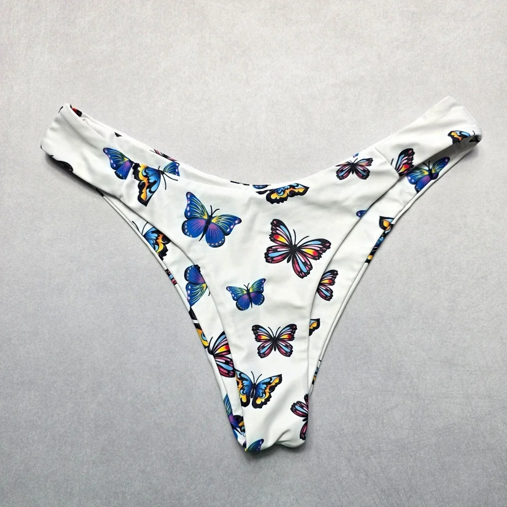 Zaful White Butterfly Thong Swim Beach Cheeky Flirty Boho‎ Bikini Bottom L Large